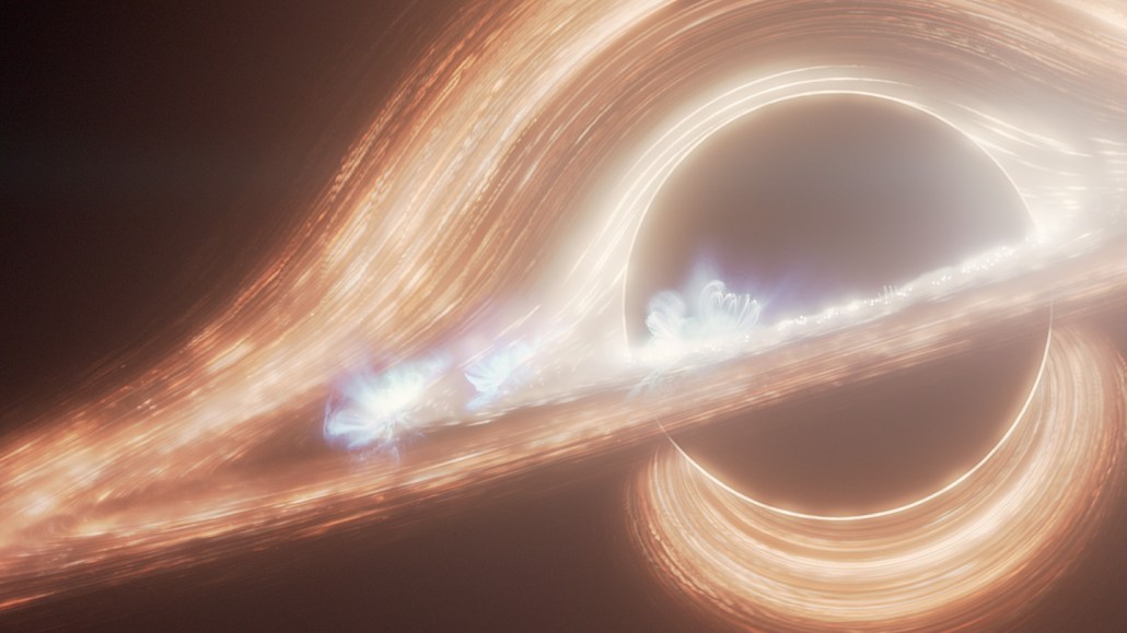 Glowing lines surround and warp around a black circle