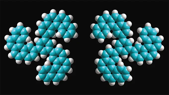 Two simulated molecules in blue (carbon)and white (hydrogen) are side-by-side on a black background to clearly show they are mirror images of each other.