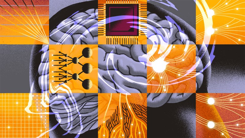 A collage of illustrations of a brain, neurons and elements of computer chips.