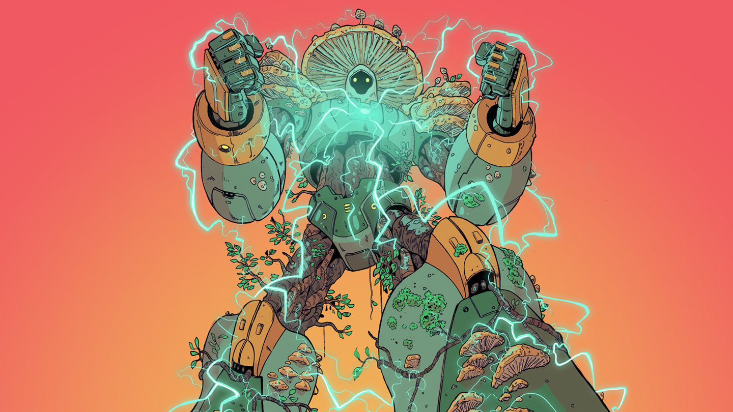 Illustration of a robot covered with plants and wearing a mushroom hat. The robot stands in awesome fighter pose in front of a red dawn, as lightning bolts shoot from her torso and arc onto her massive bio-hybrid legs and upraised fists.