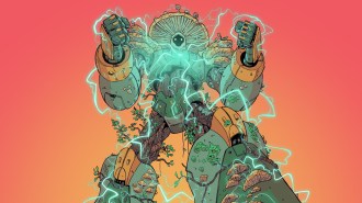 Illustration of a robot covered with plants and wearing a mushroom hat. The robot stands in awesome fighter pose in front of a red dawn, as lightning bolts shoot from her torso and arc onto her massive bio-hybrid legs and upraised fists.