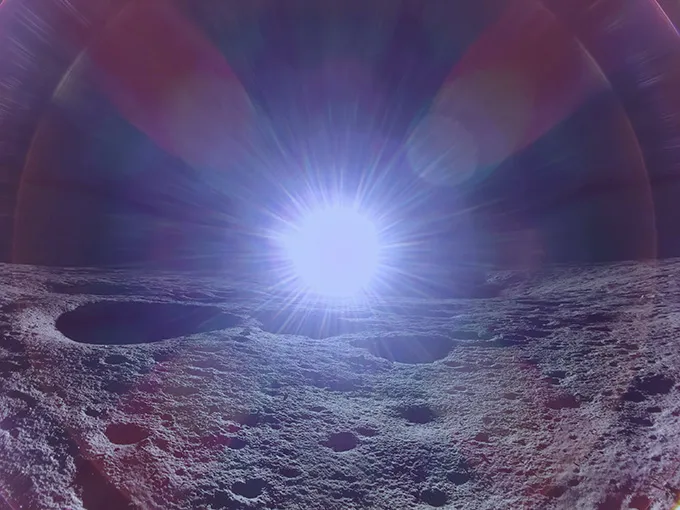 A lot of lens flare from a glaringly bright sun perched just over the lunar terrain