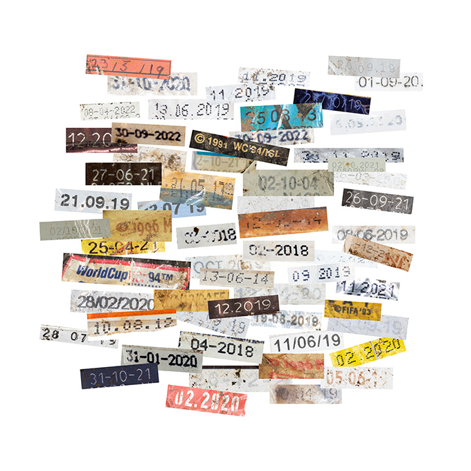 A collage of plastic expiration date labels on a white background.