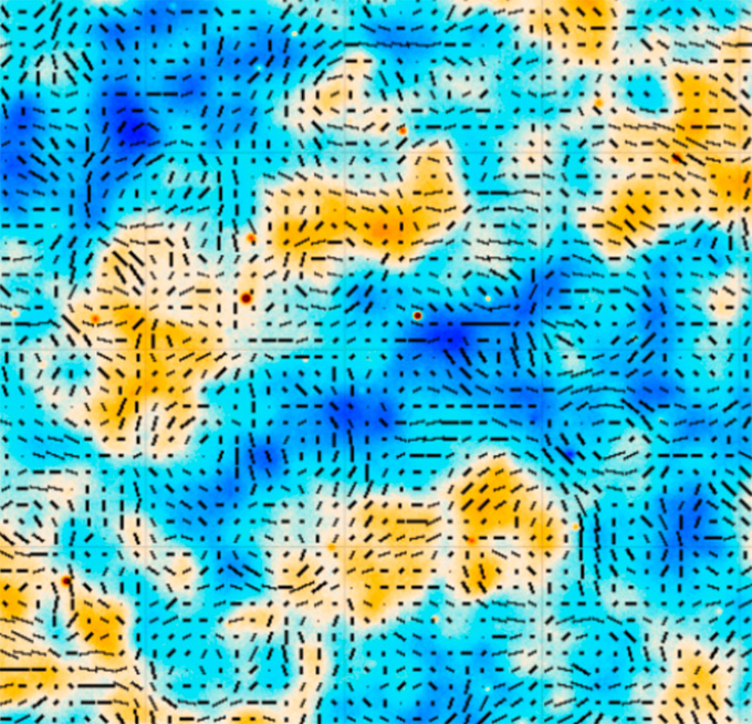 A visualization of cosmic microwave background temperature variations and polarization, featuring a pattern of blue and yellow patches with overlaid black dashed lines.