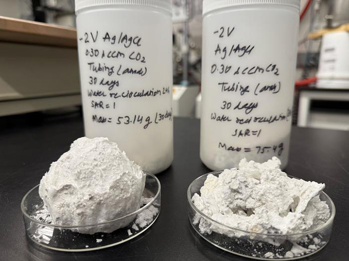 صورة مجهرية لبلورات كربونات الكالسيوم المترسبة من عملية التحليل الكهربائي لمياه البحر