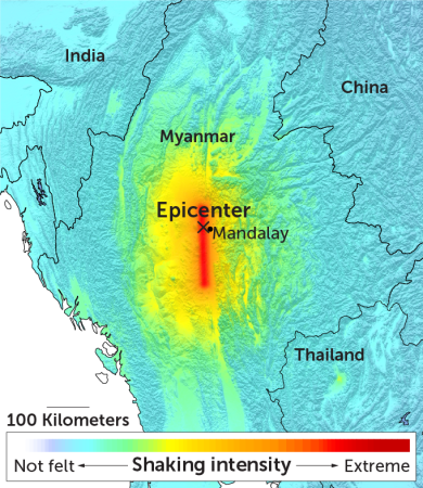 A map of where the strongest shaking was felt from the magnitude 7.7 earthquake in Malaysia on March 28, 2025. A red line marks the area of greatest shaking intensity near the fault line near Mandalay.