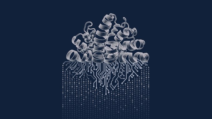 This gray illustration on a dark blue background shows the curlicues of proteins being translated into protein sequences. The proteins flow into what looks like computer network diagraming and then a rain of letters, to illustrate how AI can decode proteins.