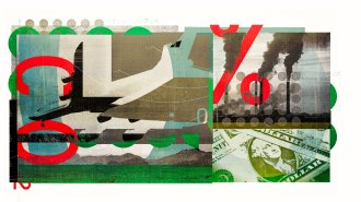 digital collage art representing carbon emissions, includes a plane, "CO2," dollars, "%" and smoke stacks