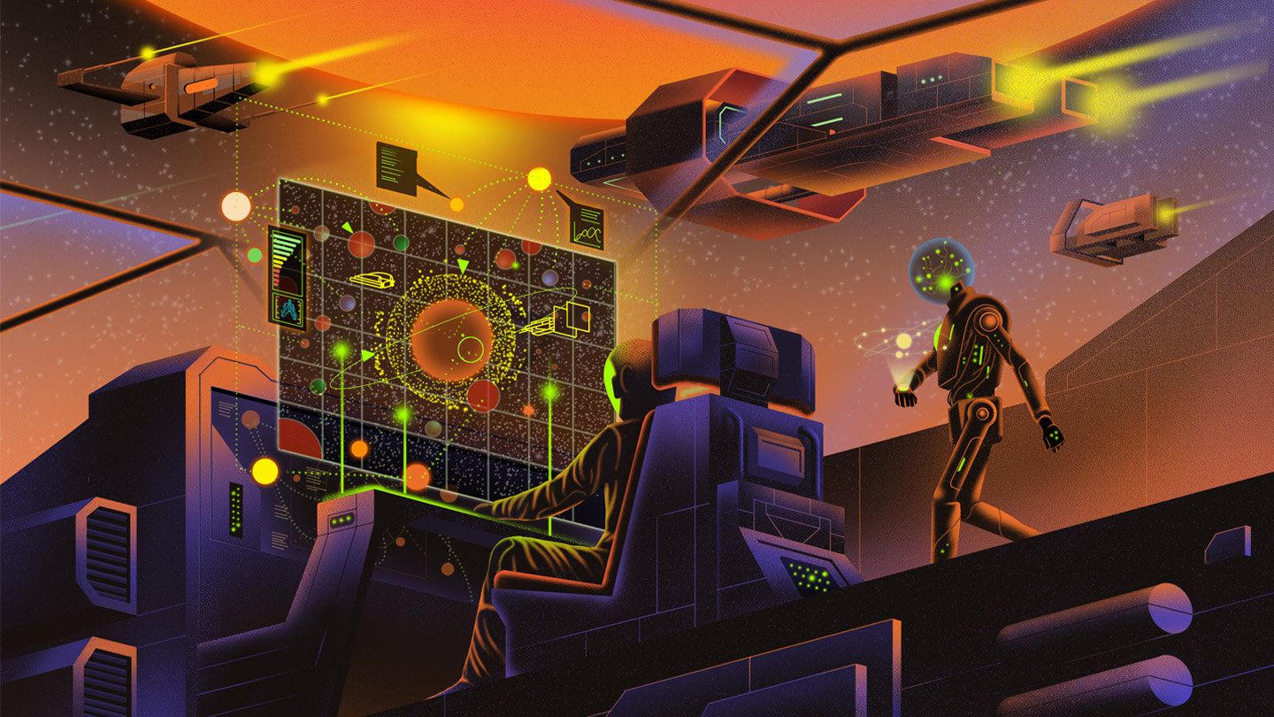A futuristic illustration of two figures, one seated at a screen and the other walking with a holographic device in its hand. Spacecraft fly by in the distance.