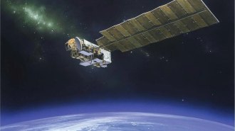 An illustration of a satellite floating above Earth