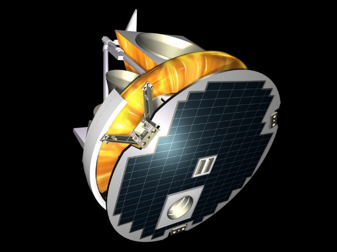 An illustration of a drum-shaped satellite floating in space