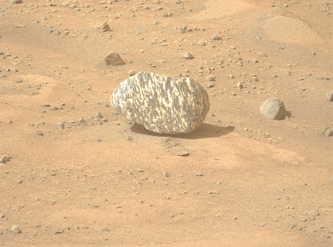 A large black-and-white striped rock sitting on a field of red dirt.