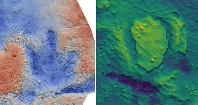 Digital elevation models of two dinosaur footprints, a theropod imprint at left and a sauropod imprint at right.