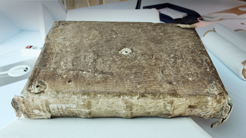 This rare medieval manuscript has a dingy brownish cover made of seal skin.