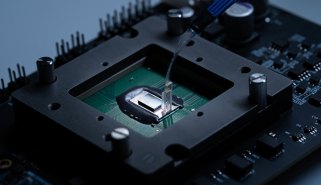 A clear cable connects to the center of a dark-colored computer component.