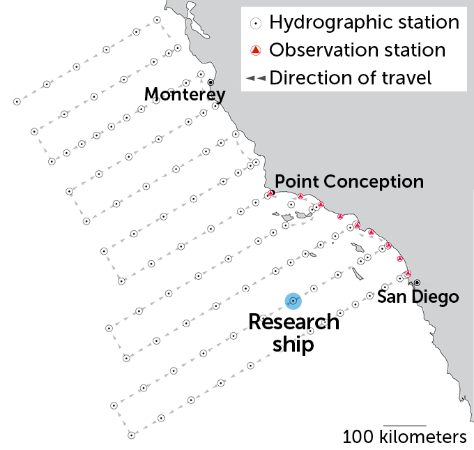 Map of 113 stations in a grid pattern off the coast of California between San Francisco and San Diego.