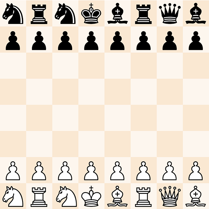A chess board diagram showing the starting position for a modified game of chess, with the back row pieces on each side scrambled from their usual spots but each side matching the other. Black is on top and white is on the bottom.