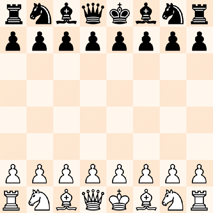 A chess board diagram showing the standard starting position for a game of chess. A looping animation shows white's queen pawn moving ahead two space to start the game.