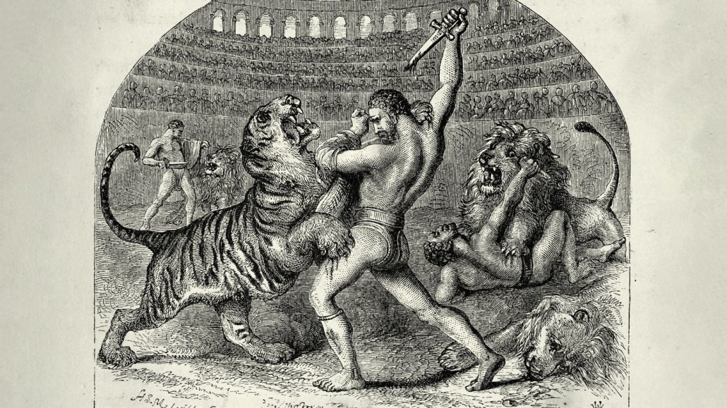A drawing of Roman gladiators holding knives over a lion in an arena