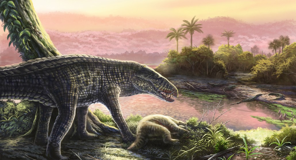 In this illustration, a crocodile-looking creature stands over its prey, a ground sloth. Unlike a crocodile, this reptile has long straight legs.