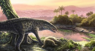 In this illustration, a crocodile-looking creature stands over its prey, a ground sloth. Unlike a crocodile, this reptile has long straight legs.