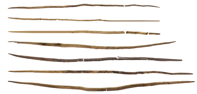 A stack of seven wooden spears in a row.