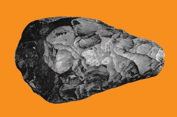 An Acheulean hand ax on an orange background.