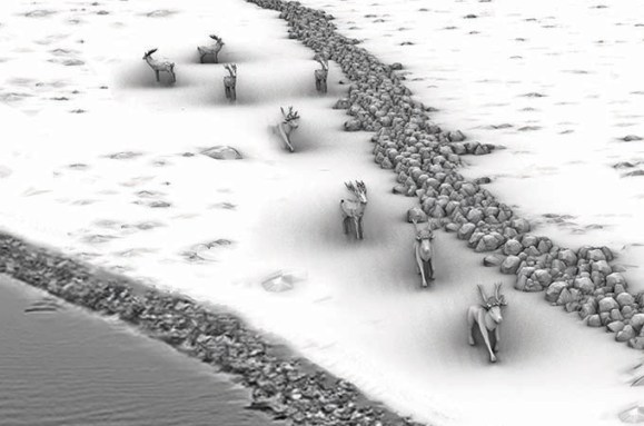 A depiction of animals roaming along a water line.