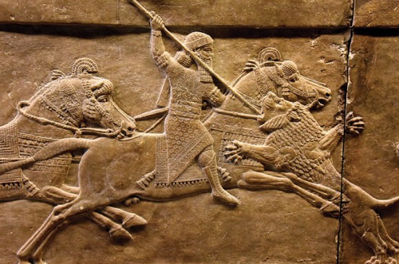 A depiction of a horse-rider hunting animals.