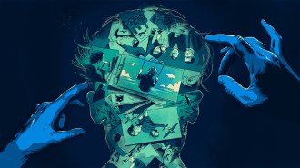 A blue and green illustration of memory, showing the outline of a man's head filled with snapshots of childhood memories. Two hands reach toward the person's head from behind, as if wanting to control the memories.