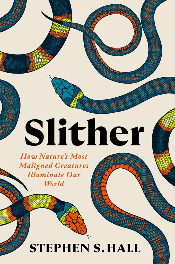 'Slither' book cover depicting multi-colored snakes twinning around the cover