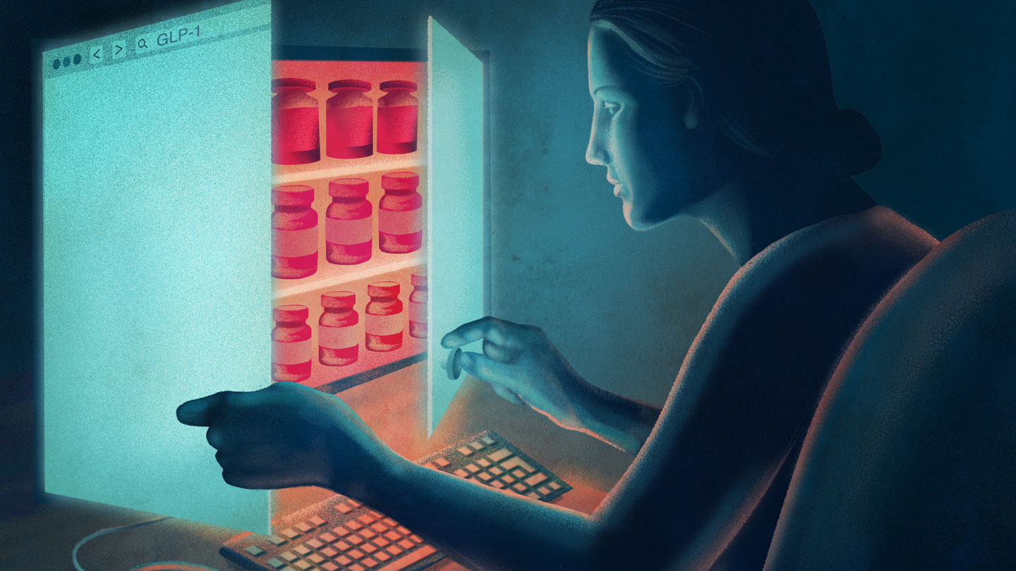 Illustration of a shadowy figure opening the screen of a web browser as if it were a medicine cabinet containing red medicine bottles. From the context of the caption, the bottles presumably contain off-brand medicine containing semaglutide and tirzepatide, the key ingredients in the weight-loss drugs Ozempic and Zepbound.