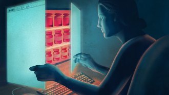 Illustration of a shadowy figure opening the screen of a web browser as if it were a medicine cabinet containing red medicine bottles. From the context of the caption, the bottles presumably contain off-brand medicine containing semaglutide and tirzepatide, the key ingredients in the weight-loss drugs Ozempic and Zepbound.
