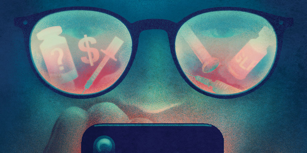 The spectacled face of a person staring into a mobile device, presumably browsing an online marketplace to purchase compounded semaglutide and tirzepatide, the key ingredients in the GLP-1 weight-loss drugs Ozempic and Zepbound.