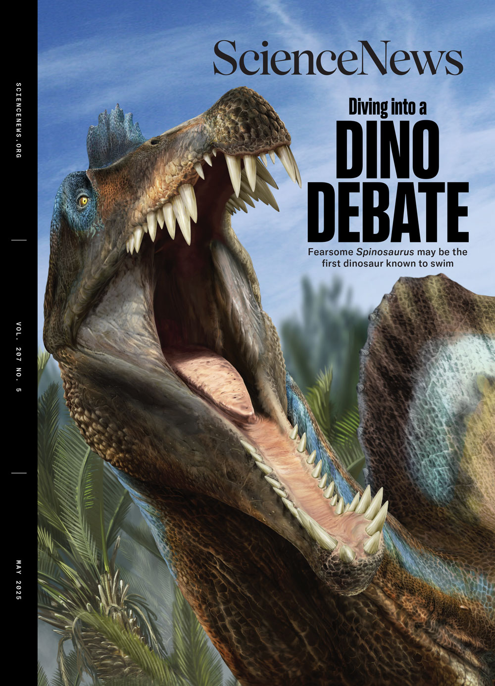 Cover of Science News' May 2025 issue featuring a Spinosaurus on the cover