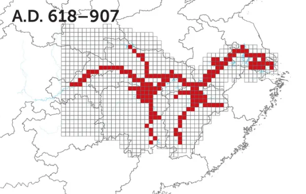 Map of China with Yangtze finless porpoise's range during the Tang Dynasty (AD 618-907) in red.