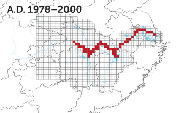 Map of China with Yangtze finless porpoise's range during modern times (1978-2000) in red. The range is much smaller than in the Tang Dynasty, and is mainly along the main part of the river rather than lakes and tributaries.