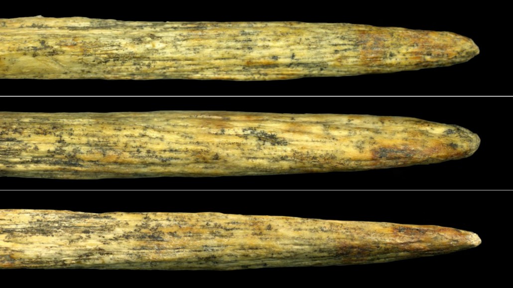 Close-up views of a pointed, yellowish-brown ancient bone fragment shown from three different angles against a black background, displaying its weathered texture and dark speckled markings.