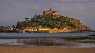 The small British island of Saint Michael's Mount pictured from a nearby beach, with trees and buildings dotting the small island in golden light