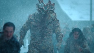 A large humanoid figure covered in rough fungus runs through a crowd of people during a snow storm in a scene from The Last of Us. In the real world, antifungal treatments combat fungi.