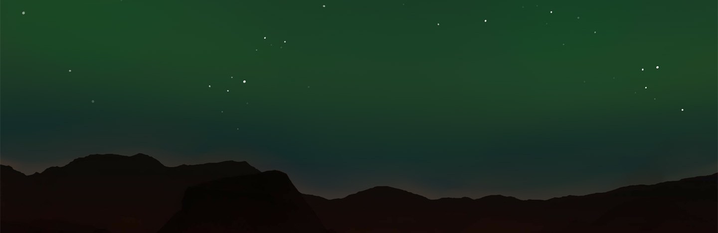 An illustration of a green Martian aurora in the sky over the Perseverance rover.
