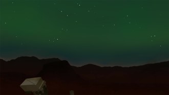 An illustration of a green Martian aurora in the sky over the Perseverance rover.