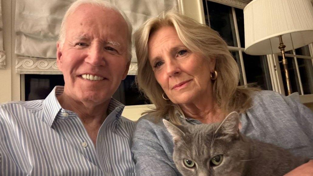 Joe Biden, who was recently diagnosed with prostate cancer, sits with Jill Biden and the couple's gray cat.
