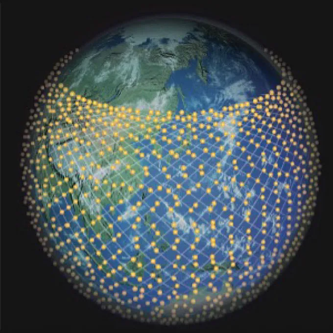 Earth us surrounded by a network of orange dots illustrating satellites in this illustration.