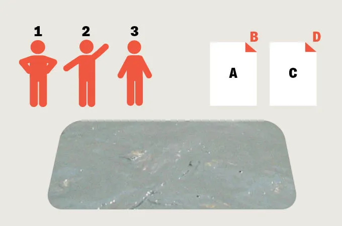 Three figures stand in front of a rectangle, next to two sheets, illustrating the math puzzle from our June 2025 issue