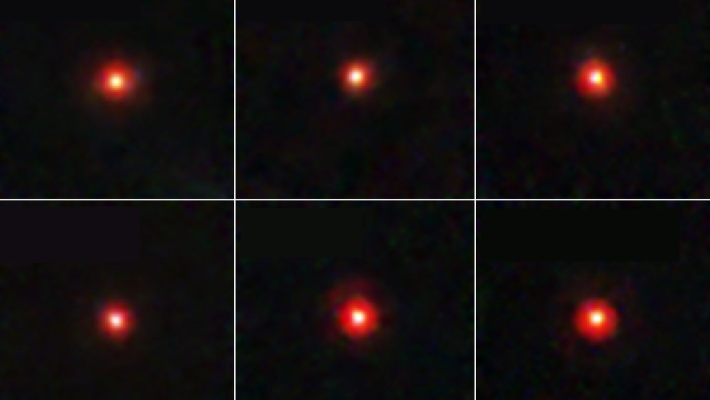 Six-panel image showing red dots against a black background, each a distant galaxy observed in infrared.