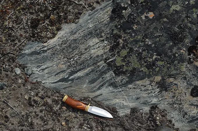 A photograph of a magma intrusion within the greenstone belt.