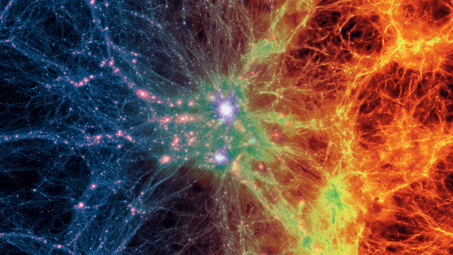 An illustration of the web of cosmic matter with many branches, which are blue on the left side of the image and red and yellow on the right side. The web is interspersed with bright spots at intersections, representing galaxy clusters.