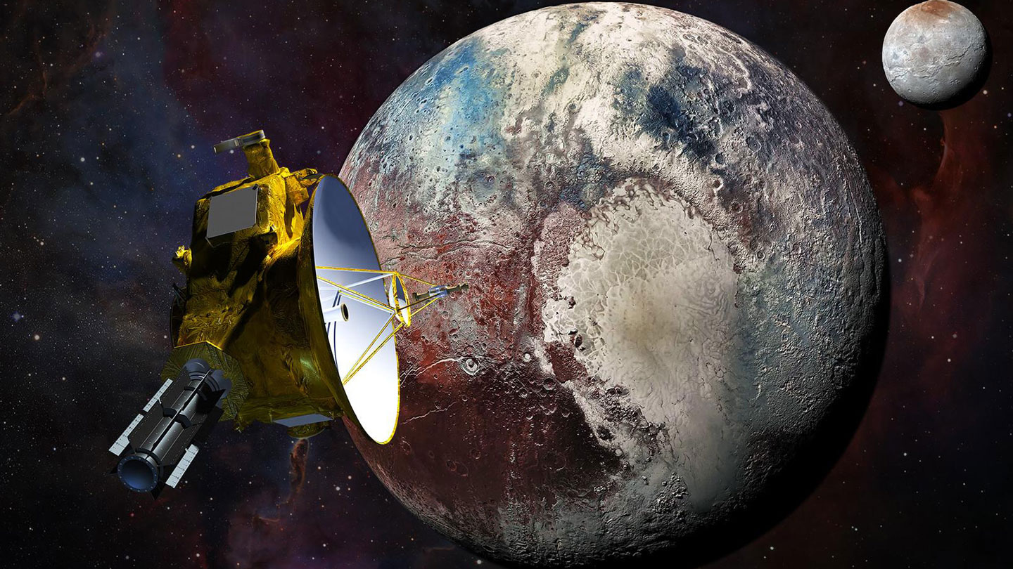 An illustration of the New Horizons probe in front of Pluto, with its moon Charon in the background.