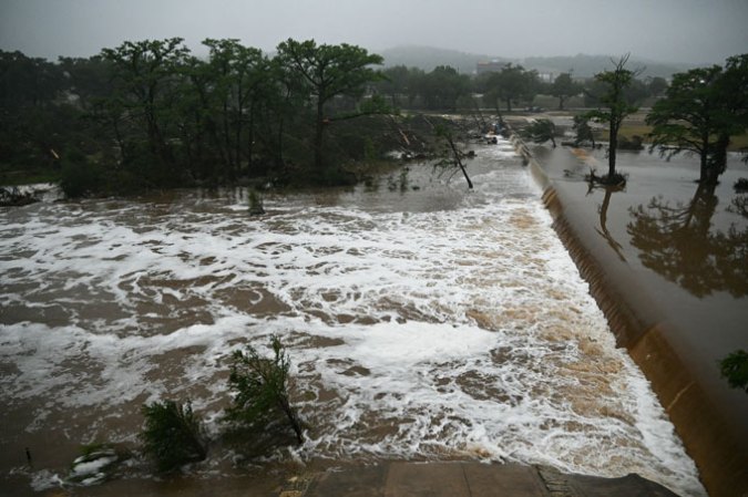 A photograph of overflowing on Texas' Guadalupe River on July 5, caused by heavy rains beginning July 4 that lead to deadly flooding.